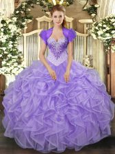 Fabulous Floor Length Lace Up Ball Gown Prom Dress Lavender for Military Ball and Sweet 16 and Quinceanera with Beading and Ruffles