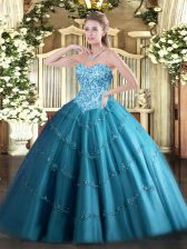  Teal Ball Gowns Sweetheart Sleeveless Tulle Floor Length Lace Up Appliques Quinceanera Dress