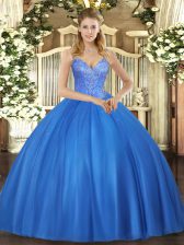 Designer Floor Length Blue 15th Birthday Dress V-neck Sleeveless Lace Up