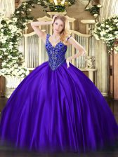 Artistic V-neck Sleeveless Sweet 16 Dresses Floor Length Beading Purple Satin