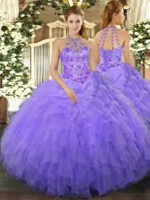 Captivating Lavender Ball Gowns Halter Top Sleeveless Organza Floor Length Lace Up Beading and Ruffles Sweet 16 Dress