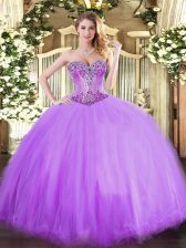 Modern Floor Length Lavender Quinceanera Gowns Tulle Sleeveless Beading