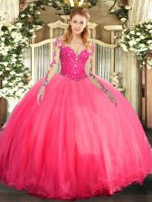 Floor Length Coral Red Quinceanera Dresses Scoop Long Sleeves Lace Up