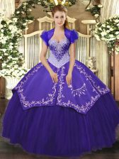 Lovely Sleeveless Satin and Tulle Floor Length Lace Up Quinceanera Gowns in Purple with Beading and Embroidery