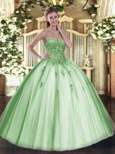 Affordable Sweetheart Sleeveless Lace Up Quince Ball Gowns Apple Green Tulle
