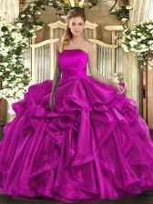  Strapless Sleeveless Lace Up Sweet 16 Dresses Fuchsia Organza