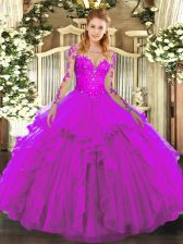 Attractive Fuchsia Ball Gowns Lace and Ruffles Ball Gown Prom Dress Lace Up Tulle Long Sleeves Floor Length