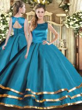 Clearance Floor Length Lace Up Quinceanera Dresses Teal for Military Ball and Sweet 16 and Quinceanera with Ruffled Layers