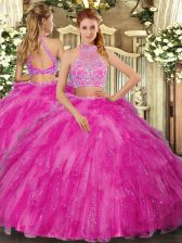  Hot Pink Tulle Criss Cross Halter Top Sleeveless Floor Length Quinceanera Dresses Beading
