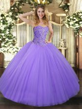  Lavender Tulle Lace Up Sweetheart Sleeveless Floor Length Sweet 16 Quinceanera Dress Beading