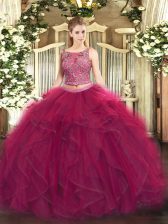 Fuchsia Sleeveless Tulle Lace Up Sweet 16 Dress for Military Ball and Sweet 16 and Quinceanera