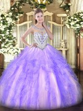 High End Lavender Ball Gowns Scoop Sleeveless Tulle Floor Length Zipper Beading and Ruffles Vestidos de Quinceanera