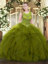 Super Floor Length Zipper Quinceanera Dresses Olive Green for Military Ball and Sweet 16 and Quinceanera with Beading and Ruffles