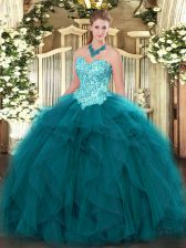 Luxurious Organza Sweetheart Sleeveless Lace Up Appliques and Ruffles Sweet 16 Dress in Teal 
