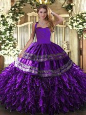 Sexy Purple Ball Gowns Organza Halter Top Sleeveless Embroidery and Ruffles Floor Length Lace Up Quinceanera Dress