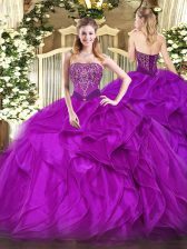 Lovely Floor Length Lace Up Quinceanera Dress Purple for Military Ball and Sweet 16 and Quinceanera with Beading and Ruffles