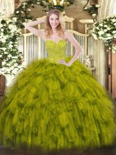 Charming Olive Green Organza Lace Up Sweetheart Sleeveless Floor Length Sweet 16 Dresses Beading and Ruffles