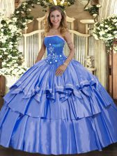  Strapless Sleeveless Quinceanera Dress Floor Length Beading and Ruffled Layers Blue Organza and Taffeta
