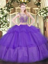 Custom Designed Purple Scoop Lace Up Beading and Ruffled Layers Sweet 16 Dress Sleeveless