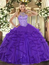 Latest Purple Ball Gowns Organza Halter Top Sleeveless Beading and Ruffles Floor Length Lace Up Quinceanera Gowns