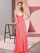 Admirable Sleeveless Chiffon Floor Length Lace Up Prom Dresses in Watermelon Red with Ruching