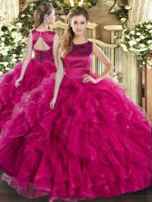 Classical Fuchsia Ball Gowns Ruffles 15th Birthday Dress Lace Up Tulle Sleeveless Floor Length