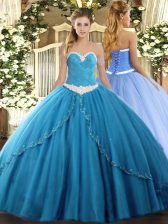 Latest Baby Blue Ball Gowns Sweetheart Sleeveless Tulle Brush Train Lace Up Appliques Ball Gown Prom Dress