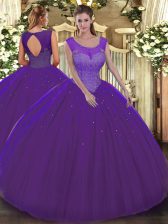 Excellent Sleeveless Floor Length Beading Backless Sweet 16 Dresses with Purple