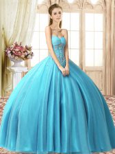  Aqua Blue Ball Gowns Tulle Sweetheart Sleeveless Beading Floor Length Lace Up Quinceanera Gown