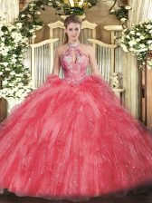  Floor Length Lace Up 15 Quinceanera Dress Coral Red for Military Ball and Sweet 16 and Quinceanera with Beading and Ruffles