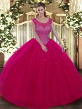  Hot Pink Backless Scoop Beading Quinceanera Dresses Tulle Sleeveless