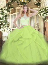 Inexpensive Yellow Green Zipper Scoop Lace and Ruffles 15 Quinceanera Dress Tulle Sleeveless