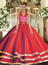 Glamorous Red Tulle Lace Up 15th Birthday Dress Sleeveless Floor Length Ruffled Layers
