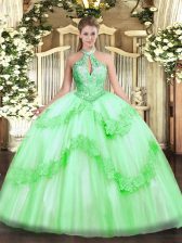 Latest Sleeveless Floor Length Appliques and Sequins Lace Up Quince Ball Gowns with Apple Green