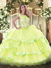 Exquisite Yellow Green Sleeveless Beading and Ruffled Layers Floor Length Sweet 16 Dresses