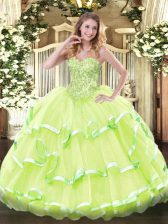  Yellow Green Lace Up Quince Ball Gowns Appliques and Ruffled Layers Sleeveless Floor Length