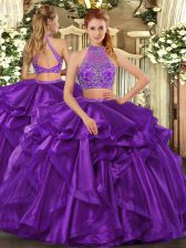 Extravagant Organza Halter Top Sleeveless Criss Cross Beading and Ruffled Layers Quince Ball Gowns in Eggplant Purple