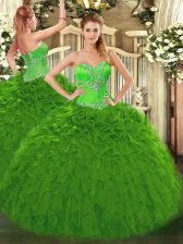Fitting Sweetheart Sleeveless 15 Quinceanera Dress Floor Length Beading and Ruffles Green Organza