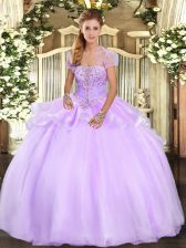 Exquisite Lavender Ball Gowns Strapless Sleeveless Organza Floor Length Lace Up Appliques Quinceanera Dresses