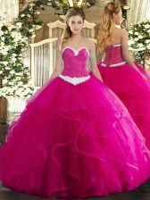 Modern Fuchsia Ball Gowns Appliques and Ruffles Sweet 16 Dress Lace Up Tulle Sleeveless Floor Length