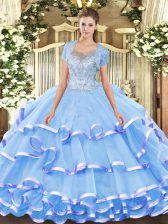 Super Aqua Blue Clasp Handle Scoop Beading and Ruffled Layers Quince Ball Gowns Tulle Sleeveless