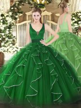 Green Tulle Zipper Quince Ball Gowns Sleeveless Floor Length Beading and Ruffles