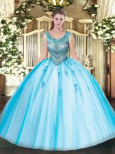  Baby Blue Sleeveless Beading and Appliques Floor Length Quince Ball Gowns