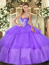  Lavender Tulle Lace Up Quince Ball Gowns Sleeveless Floor Length Beading and Ruffled Layers