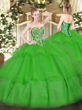  Floor Length Lace Up Quinceanera Gowns Green for Military Ball and Sweet 16 and Quinceanera with Beading and Ruffled Layers