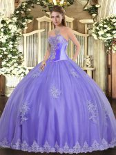 Customized Lavender Tulle Lace Up Sweetheart Sleeveless Floor Length Sweet 16 Dress Beading and Appliques