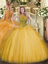 Popular Gold Tulle Zipper Scoop Sleeveless Floor Length 15 Quinceanera Dress Beading and Ruffles