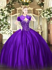 Admirable Satin Sweetheart Sleeveless Lace Up Beading Sweet 16 Quinceanera Dress in Purple