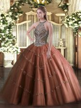 Wonderful Chocolate 15 Quinceanera Dress Sweet 16 and Quinceanera with Beading Halter Top Sleeveless Lace Up