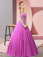 Super Floor Length Lilac Prom Evening Gown Tulle Sleeveless Beading